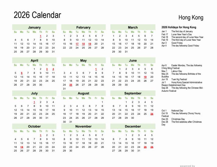 Holiday Calendar 2026 for Hong Kong (Sunday Start)