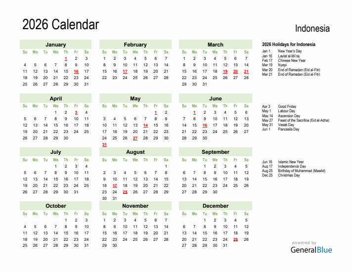 Holiday Calendar 2026 for Indonesia (Sunday Start)