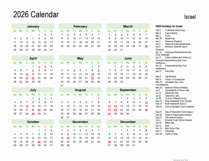 Holiday Calendar 2026 for Israel (Sunday Start)