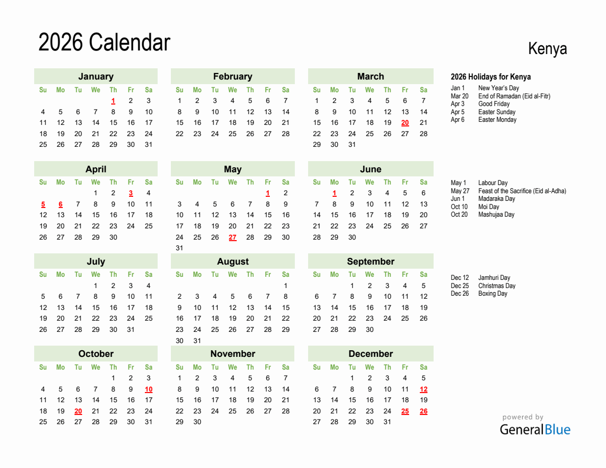 Holiday Calendar 2026 for Kenya