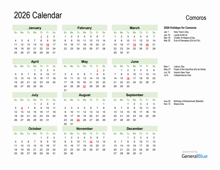 Holiday Calendar 2026 for Comoros (Sunday Start)