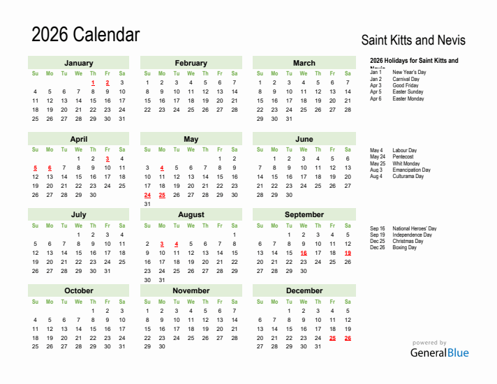 Holiday Calendar 2026 for Saint Kitts and Nevis (Sunday Start)