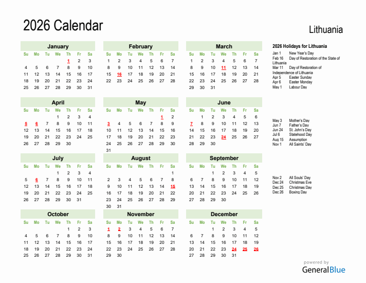 Holiday Calendar 2026 for Lithuania (Sunday Start)