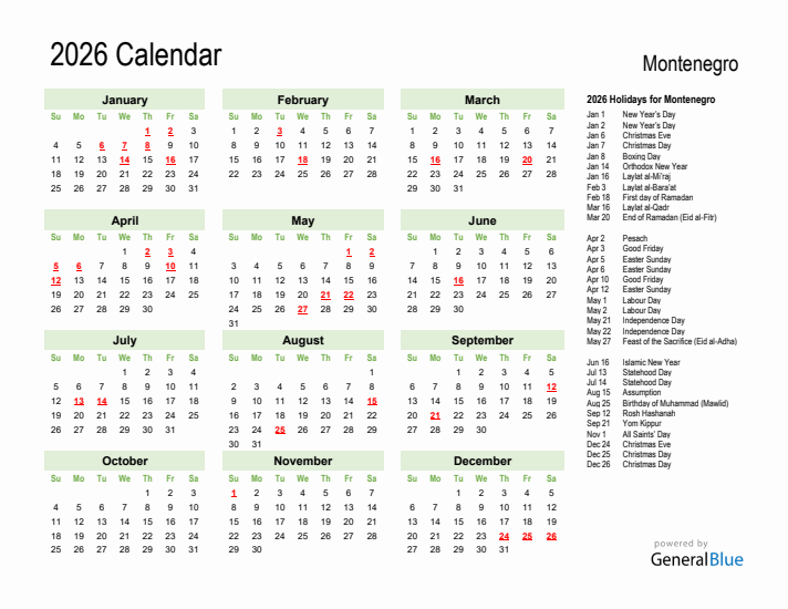Holiday Calendar 2026 for Montenegro (Sunday Start)