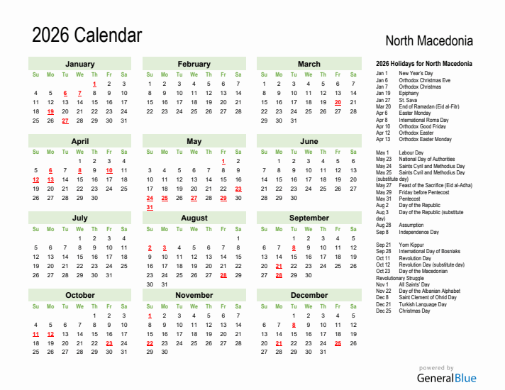 Holiday Calendar 2026 for North Macedonia (Sunday Start)