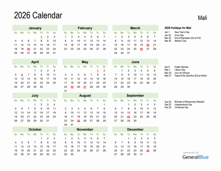 Holiday Calendar 2026 for Mali (Sunday Start)