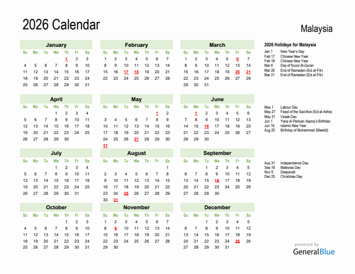 Holiday Calendar 2026 for Malaysia (Sunday Start)