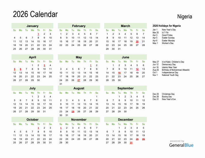 Holiday Calendar 2026 for Nigeria (Sunday Start)