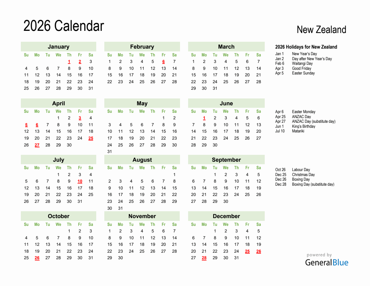 Holiday Calendar for New Zealand Holiday Calendar for New Zealand