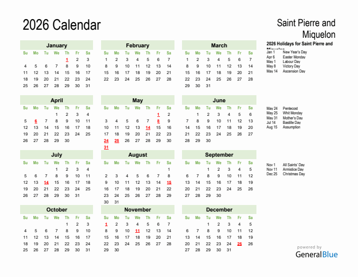 Holiday Calendar 2026 for Saint Pierre and Miquelon (Sunday Start)