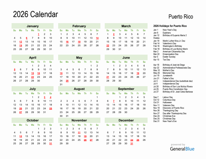 Holiday Calendar 2026 for Puerto Rico (Sunday Start)