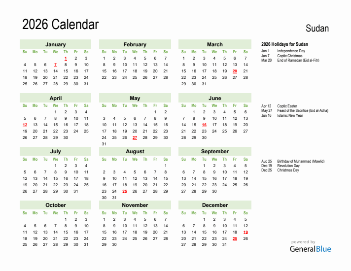 Holiday Calendar 2026 for Sudan (Sunday Start)