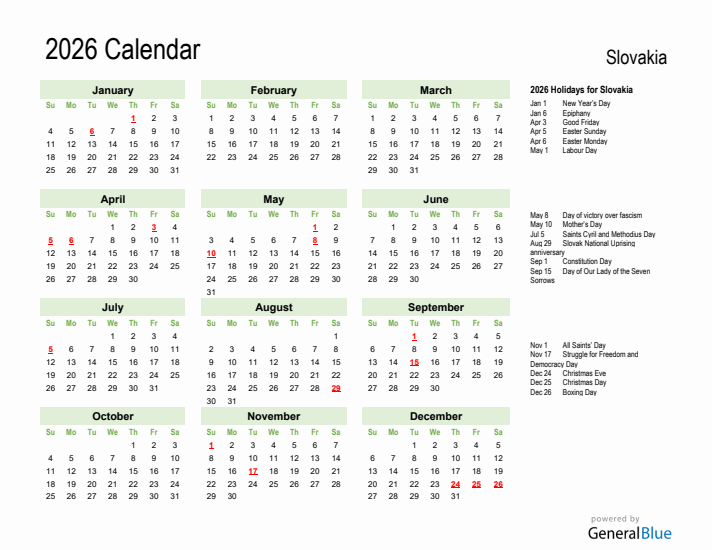 Holiday Calendar 2026 for Slovakia (Sunday Start)