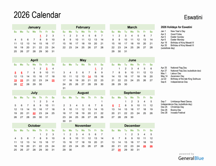 Holiday Calendar 2026 for Eswatini (Sunday Start)