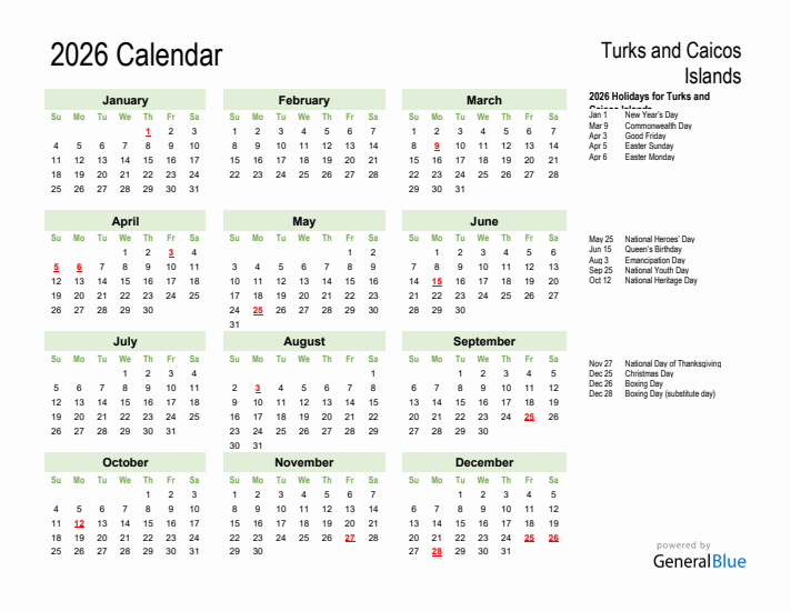Holiday Calendar 2026 for Turks and Caicos Islands (Sunday Start)
