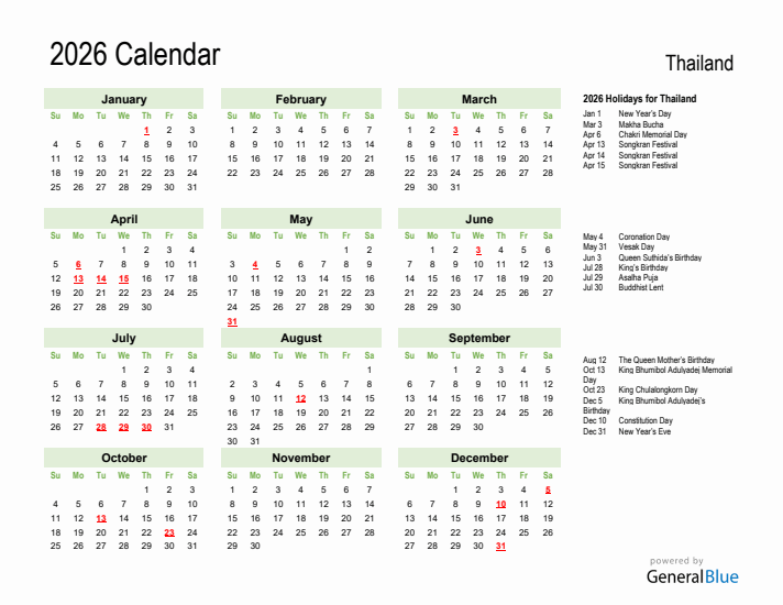 Holiday Calendar 2026 for Thailand (Sunday Start)