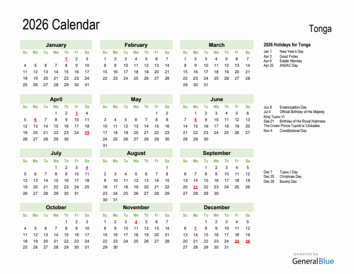 Holiday Calendar 2026 for Tonga (Sunday Start)