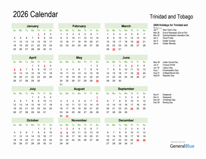 Holiday Calendar 2026 for Trinidad and Tobago (Sunday Start)