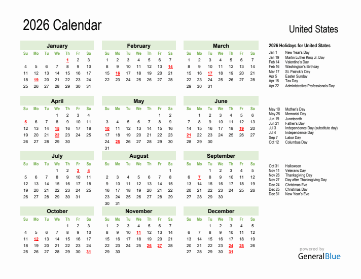 Free Printable 2026 United States Holiday Calendar