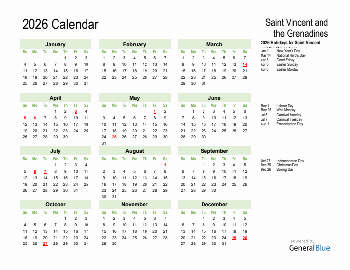 Holiday Calendar 2026 for Saint Vincent and the Grenadines (Sunday Start)