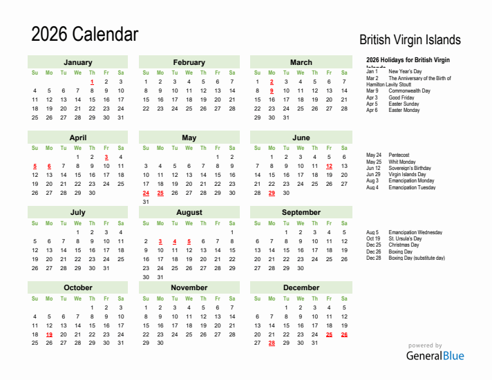 Holiday Calendar 2026 for British Virgin Islands (Sunday Start)