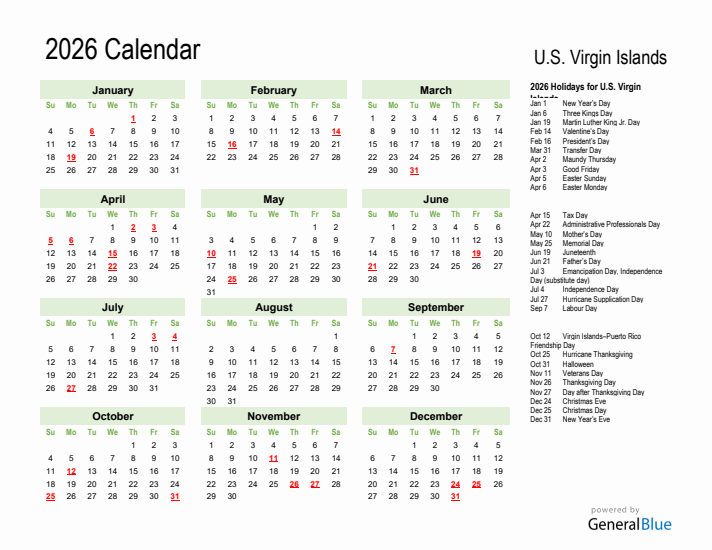 Holiday Calendar 2026 for U.S. Virgin Islands (Sunday Start)