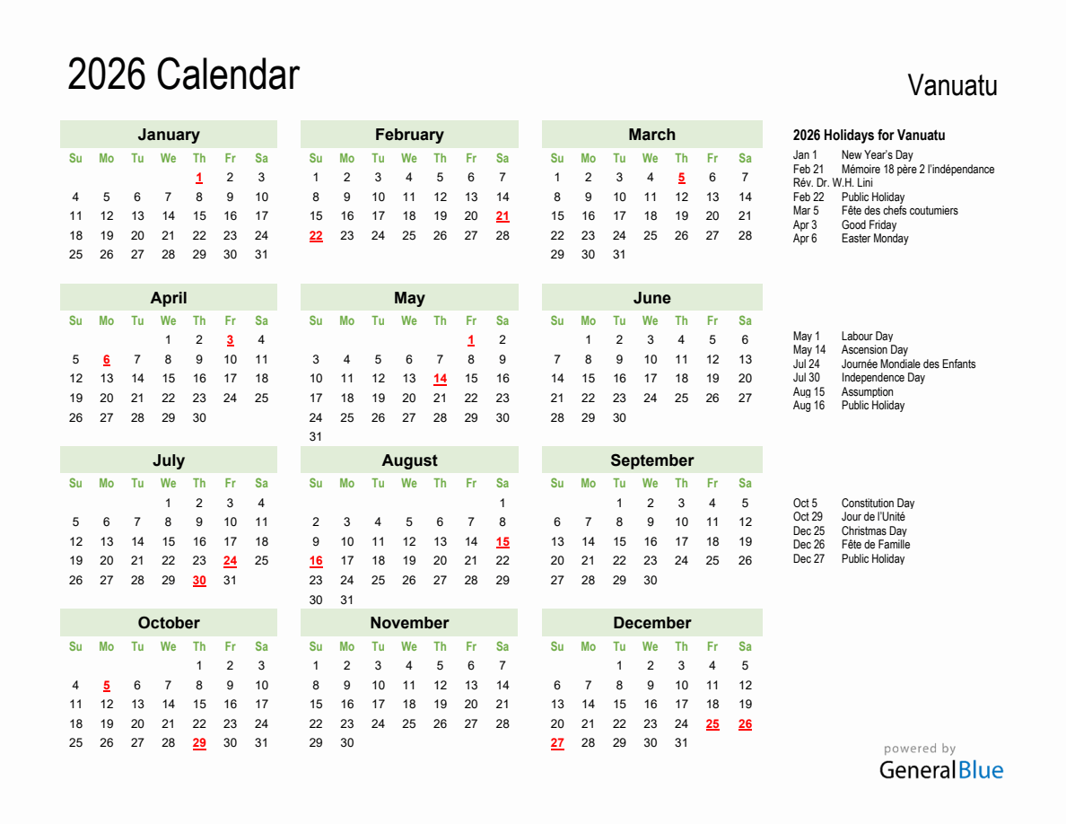 Holiday Calendar 2026 for Vanuatu