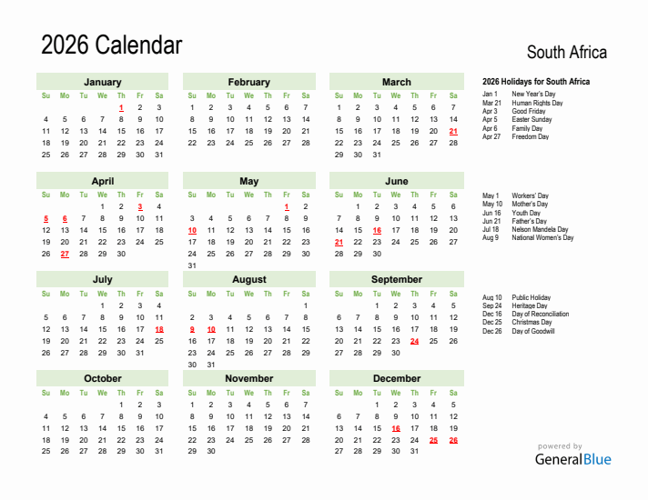 South Africa 2026 Calendar With Holidays South Africa 2026 Calendar With Holidays