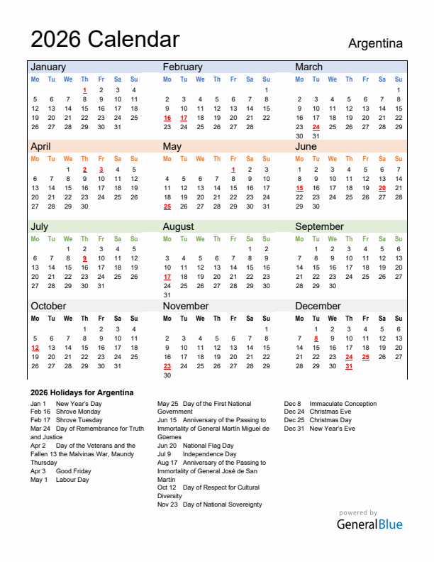 Calendar 2026 with Argentina Holidays