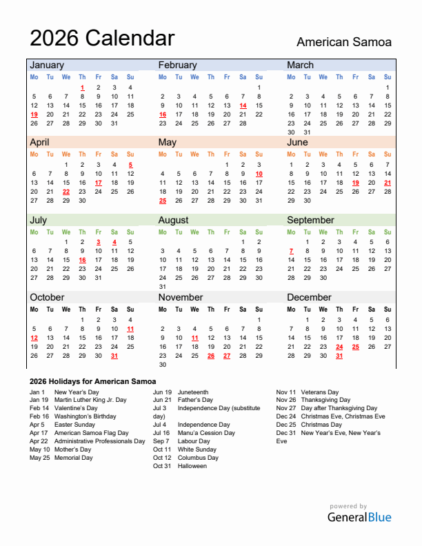 Calendar 2026 with American Samoa Holidays