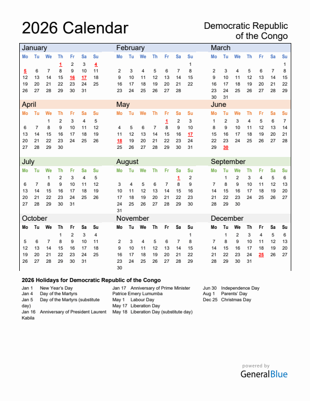 Calendar 2026 with Democratic Republic of the Congo Holidays