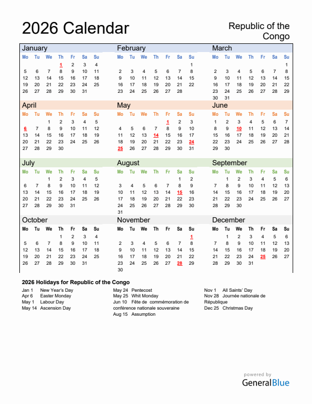 Calendar 2026 with Republic of the Congo Holidays