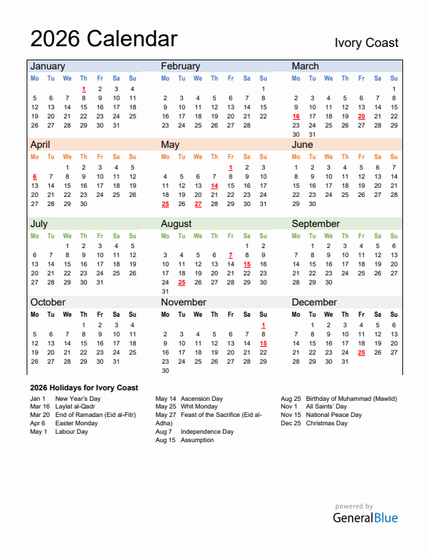 Calendar 2026 with Ivory Coast Holidays