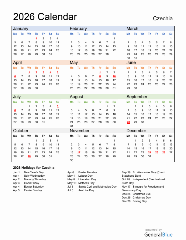 Calendar 2026 with Czechia Holidays