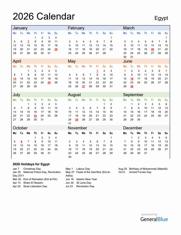 Calendar 2026 with Egypt Holidays