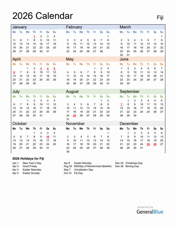 Calendar 2026 with Fiji Holidays