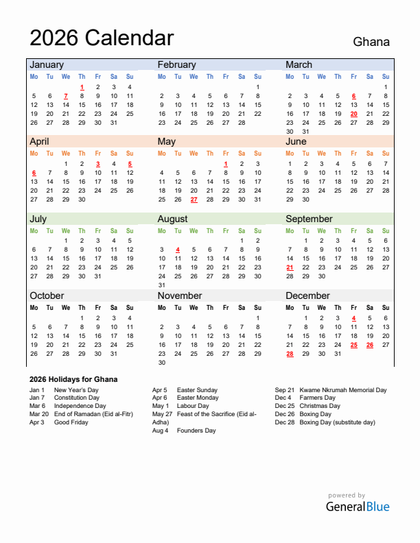 Calendar 2026 with Ghana Holidays
