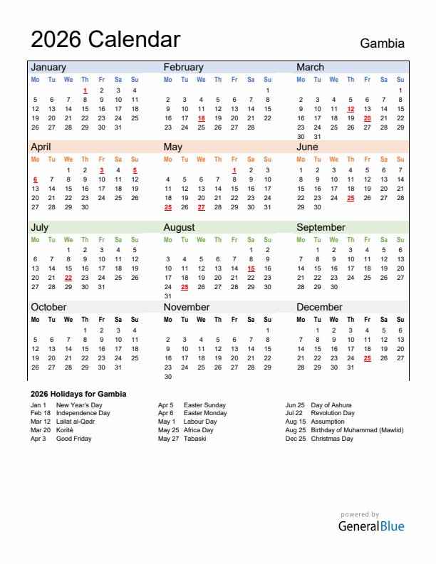 Calendar 2026 with Gambia Holidays