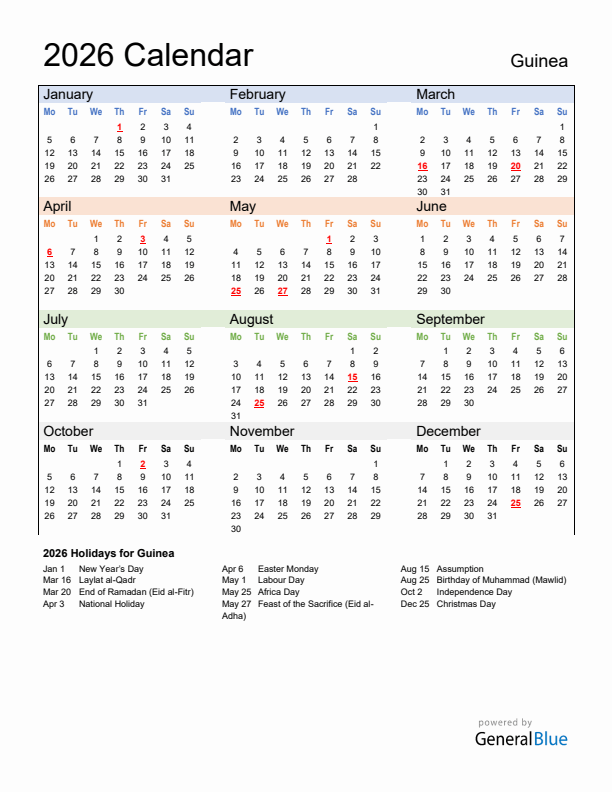 Calendar 2026 with Guinea Holidays