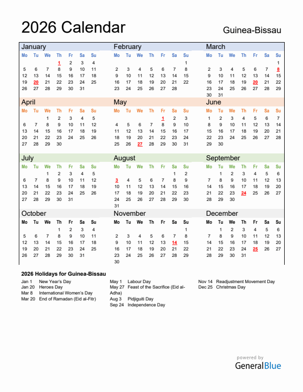 Calendar 2026 with Guinea-Bissau Holidays