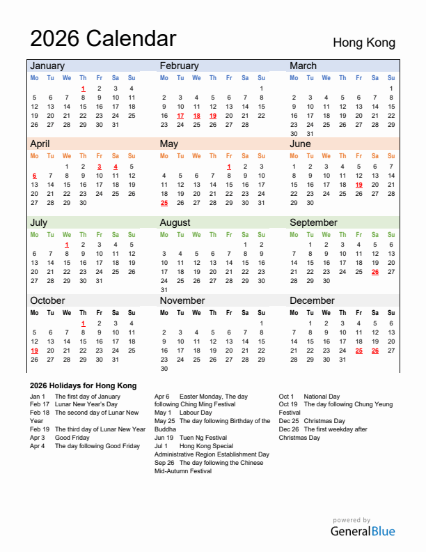 Calendar 2026 with Hong Kong Holidays