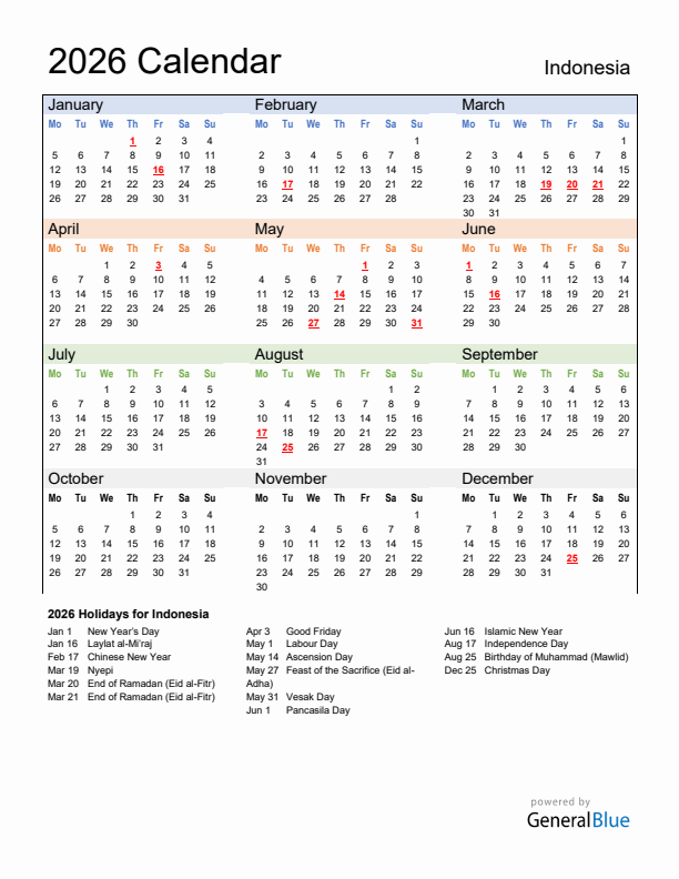 Calendar 2026 with Indonesia Holidays