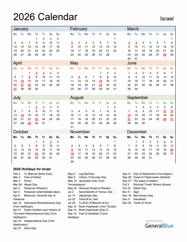 Calendar 2026 with Israel Holidays