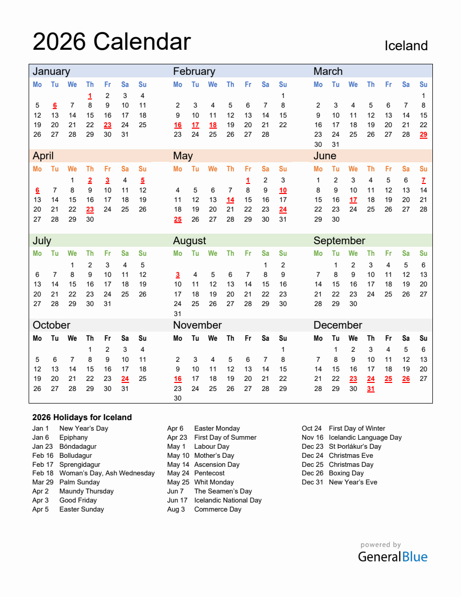 Annual Calendar 2026 with Iceland Holidays