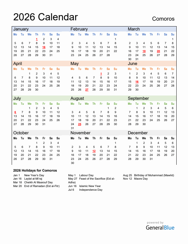 Calendar 2026 with Comoros Holidays