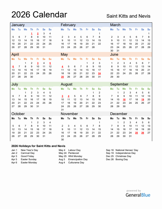 Calendar 2026 with Saint Kitts and Nevis Holidays