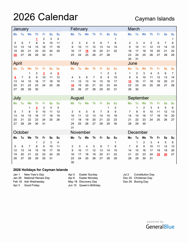 Calendar 2026 with Cayman Islands Holidays