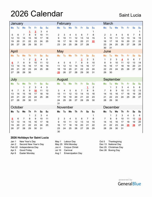 Calendar 2026 with Saint Lucia Holidays