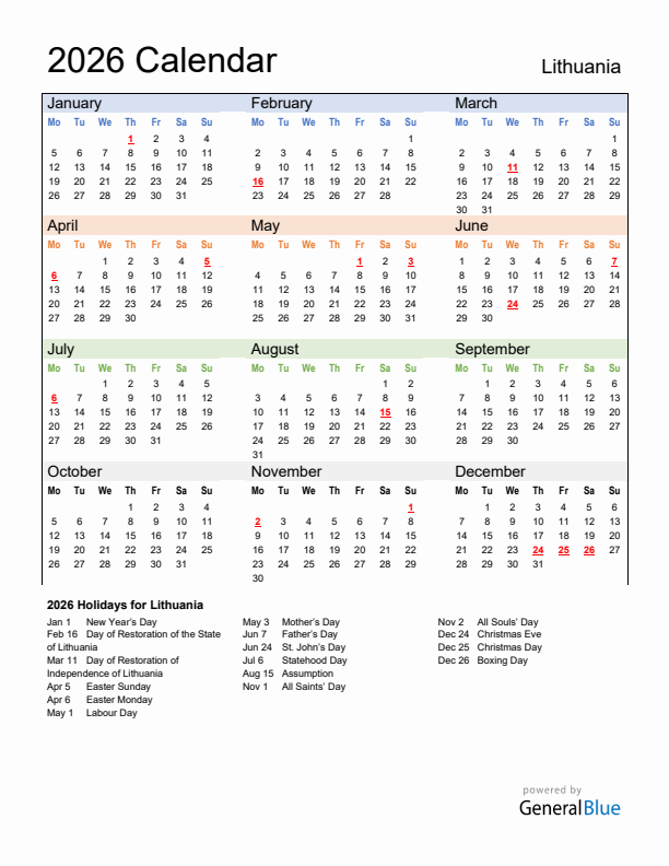 Calendar 2026 with Lithuania Holidays