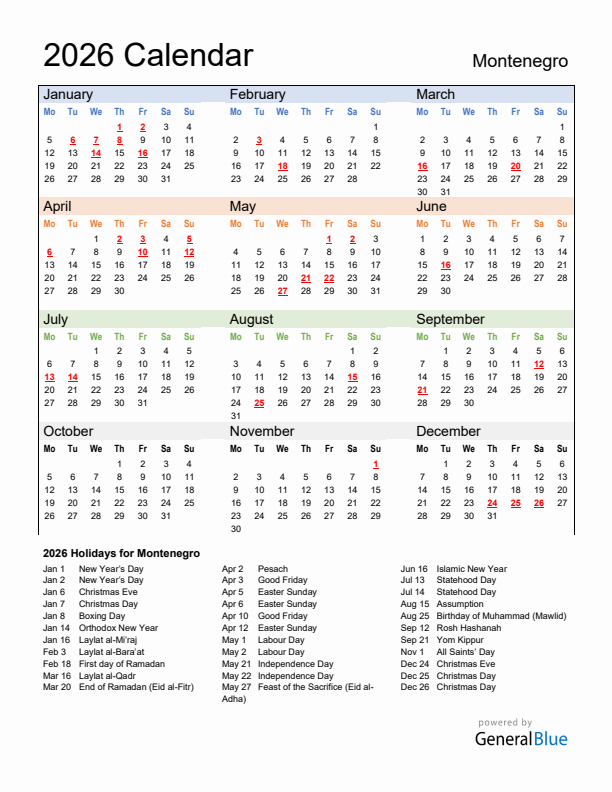 Calendar 2026 with Montenegro Holidays